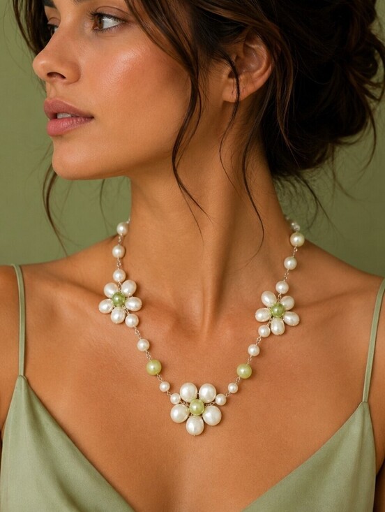Hand Crafted Jewelry - Handmade Freshwater Pearl Wire Wrapped Daisy Bridal Landgirl Beaded Necklace